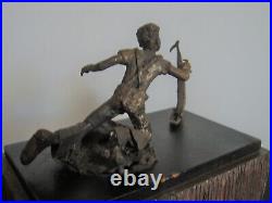 Vintage 1970's ROBERT ROESCH Bronze Sculpture Boy Sailing Boat Wood Base 6 inch
