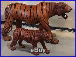 Vintage 1970s Massive Leather TIGER Sculpture & Cub Kids Playroom Toy Accessory