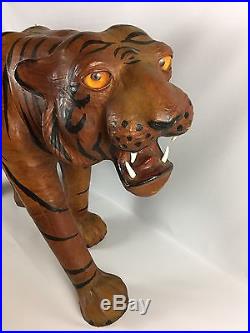 Vintage 1970s Massive Leather TIGER Sculpture & Cub Kids Playroom Toy Accessory