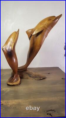 Vintage 1973 Signed Large Handcarved Wood Dolphins Jumping Milo Wood Hawaii BIG