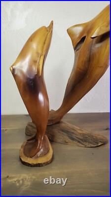 Vintage 1973 Signed Large Handcarved Wood Dolphins Jumping Milo Wood Hawaii BIG