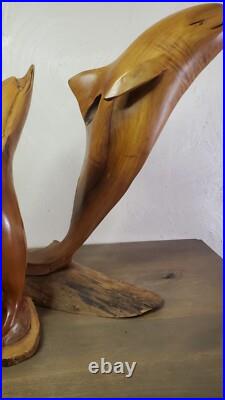 Vintage 1973 Signed Large Handcarved Wood Dolphins Jumping Milo Wood Hawaii BIG