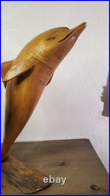 Vintage 1973 Signed Large Handcarved Wood Dolphins Jumping Milo Wood Hawaii BIG