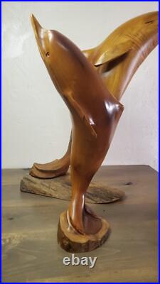 Vintage 1973 Signed Large Handcarved Wood Dolphins Jumping Milo Wood Hawaii BIG