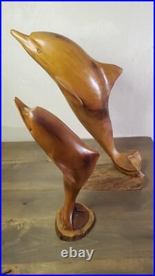 Vintage 1973 Signed Large Handcarved Wood Dolphins Jumping Milo Wood Hawaii BIG