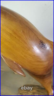 Vintage 1973 Signed Large Handcarved Wood Dolphins Jumping Milo Wood Hawaii BIG