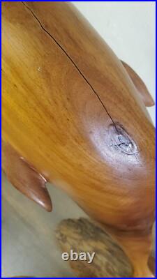 Vintage 1973 Signed Large Handcarved Wood Dolphins Jumping Milo Wood Hawaii BIG
