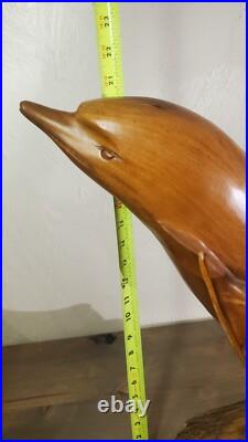 Vintage 1973 Signed Large Handcarved Wood Dolphins Jumping Milo Wood Hawaii BIG