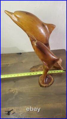 Vintage 1973 Signed Large Handcarved Wood Dolphins Jumping Milo Wood Hawaii BIG