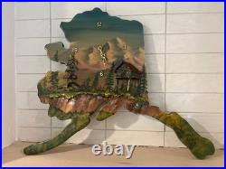 Vintage 1979 Alaska Shaped 3D Hand Painted Signed Wood Clock Art Sculpture READ