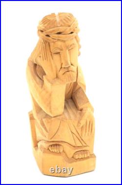 Vintage 1979 Folk Art Hand Carved Wood Sculpture Thinking/Pensive Jesus Rare