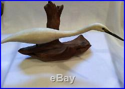 Vintage 1985 Waterfowl Wood Carving On Driftwood By Maurice Pease Of Duck NC