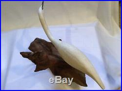 Vintage 1985 Waterfowl Wood Carving On Driftwood By Maurice Pease Of Duck NC