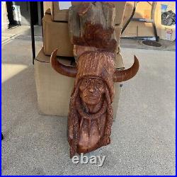 Vintage 1986 Bob Lundy Wood Carving Sculpture Indian Man Buffalo 27