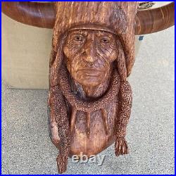 Vintage 1986 Bob Lundy Wood Carving Sculpture Indian Man Buffalo 27