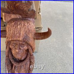 Vintage 1986 Bob Lundy Wood Carving Sculpture Indian Man Buffalo 27