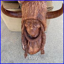 Vintage 1986 Bob Lundy Wood Carving Sculpture Indian Man Buffalo 27