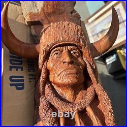 Vintage 1986 Bob Lundy Wood Carving Sculpture Indian Man Buffalo 27