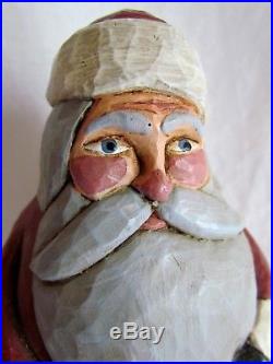 Vintage 1986 Folk Art J Hughes Christmas Roly Poly Santa Wood Carving Sculpture