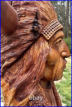 Vintage 1988 Bob Lundy Wood Carving Sculpture Indian Man Buffalo 20