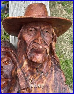 Vintage 1988 Bob Lundy Wood Carving Sculpture Indian Man Cowboy 18 Dual