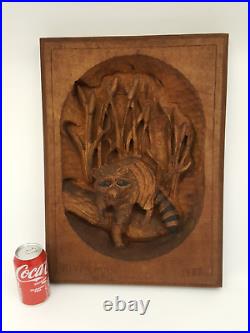 Vintage 1988 handcarved wood raccoon high relief plaque wall art sculpture 15x21