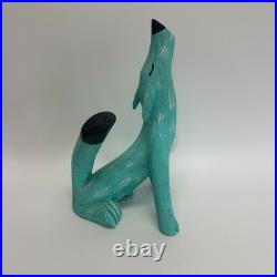 Vintage 1990 Jorge Rodriguez Turquoise Howling Coyote 12.5 Tall Wood Sculpture