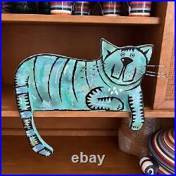 Vintage 1997 Mark Heussenstamm Heusso Wooden Cat Sculpture Signed 18x16 Wiggy