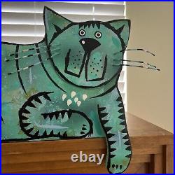 Vintage 1997 Mark Heussenstamm Heusso Wooden Cat Sculpture Signed 18x16 Wiggy