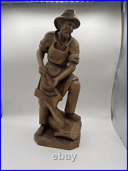 Vintage 19th Danish Folk Art Wood Hand Carved Figure Sculpture 20H Woodcutter