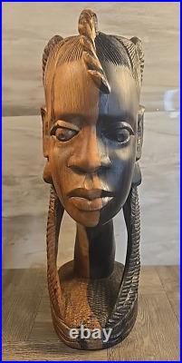 Vintage 2 Tone Ebony Wood Hand Carved Woman Sculpture Statue Head Bust 16- 12lb