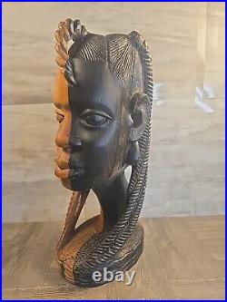 Vintage 2 Tone Ebony Wood Hand Carved Woman Sculpture Statue Head Bust 16- 12lb