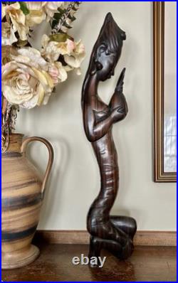 Vintage 22 Hand-Carved Balinese Wood Sculpture Statue Of Bali Woman withBird