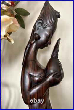 Vintage 22 Hand-Carved Balinese Wood Sculpture Statue Of Bali Woman withBird