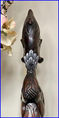 Vintage 22 Hand-Carved Balinese Wood Sculpture Statue Of Bali Woman withBird