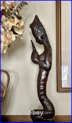 Vintage 22 Hand-Carved Balinese Wood Sculpture Statue Of Bali Woman withBird