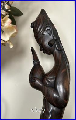 Vintage 22 Hand-Carved Balinese Wood Sculpture Statue Of Bali Woman withBird