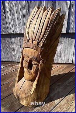 Vintage 26 Carved Wooden Indian Bust Sculpture, Native American Folk Art Statue