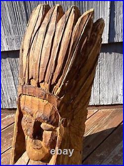 Vintage 26 Carved Wooden Indian Bust Sculpture, Native American Folk Art Statue