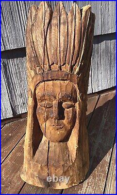 Vintage 26 Carved Wooden Indian Bust Sculpture, Native American Folk Art Statue