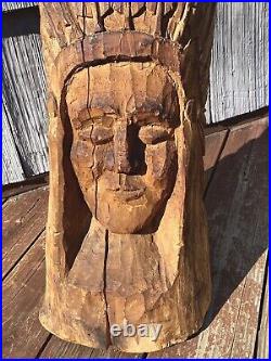 Vintage 26 Carved Wooden Indian Bust Sculpture, Native American Folk Art Statue