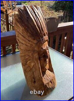 Vintage 26 Carved Wooden Indian Bust Sculpture, Native American Folk Art Statue