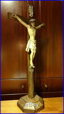 Vintage 26 Wood Carving Standing Altar Crucifix Cross Jesus Christ Statue