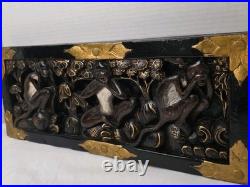 Vintage 3 Wise Monkeys Wood Carving Motif Wall Plaque With Gold Accents