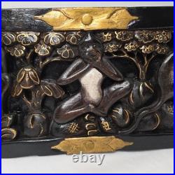 Vintage 3 Wise Monkeys Wood Carving Motif Wall Plaque With Gold Accents