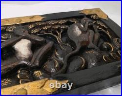 Vintage 3 Wise Monkeys Wood Carving Motif Wall Plaque With Gold Accents