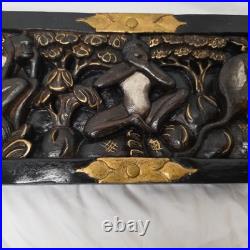 Vintage 3 Wise Monkeys Wood Carving Motif Wall Plaque With Gold Accents