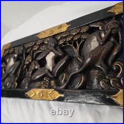 Vintage 3 Wise Monkeys Wood Carving Motif Wall Plaque With Gold Accents