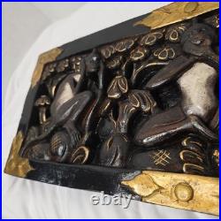 Vintage 3 Wise Monkeys Wood Carving Motif Wall Plaque With Gold Accents