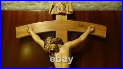 Vintage 35 Catholic Wood Carving Wall Crucifix Cross Jesus Christ Statue